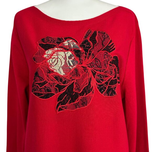 Chico's Red Placed Floral Bateau Long Sleeve Embellished Knit Sweater NWT (L) - Picture 7 of 13
